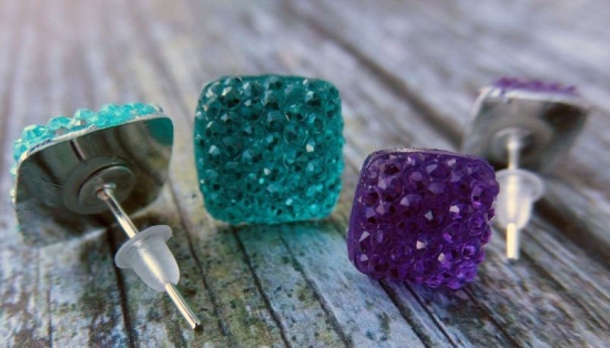 Preview: Quadrat Ohrstecker Glitzer blau lila Set